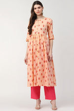 Thumbnail for Ahika Peach Cotton Ethnic Motifs Printed A Line Kurti