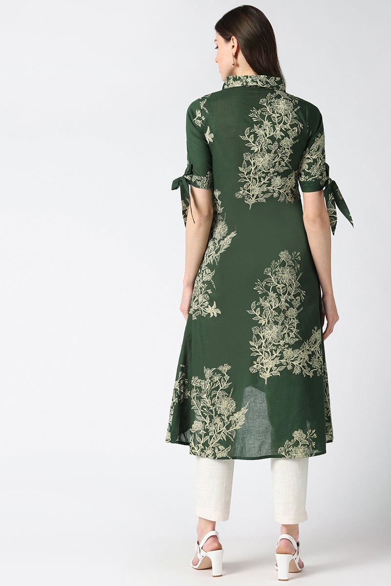 Ahika Cotton Green Floral Printed A Line Kurti - Distacart