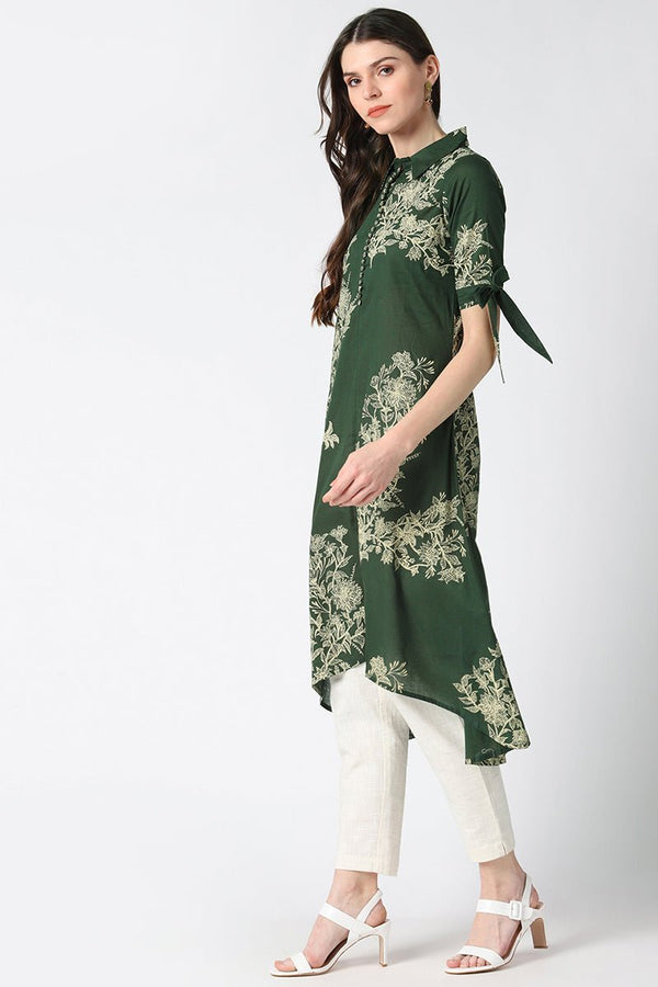Ahika Cotton Green Floral Printed A Line Kurti - Distacart