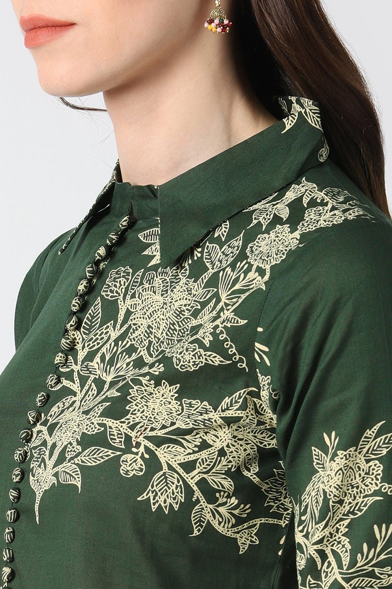 Ahika Cotton Green Floral Printed A Line Kurti - Distacart
