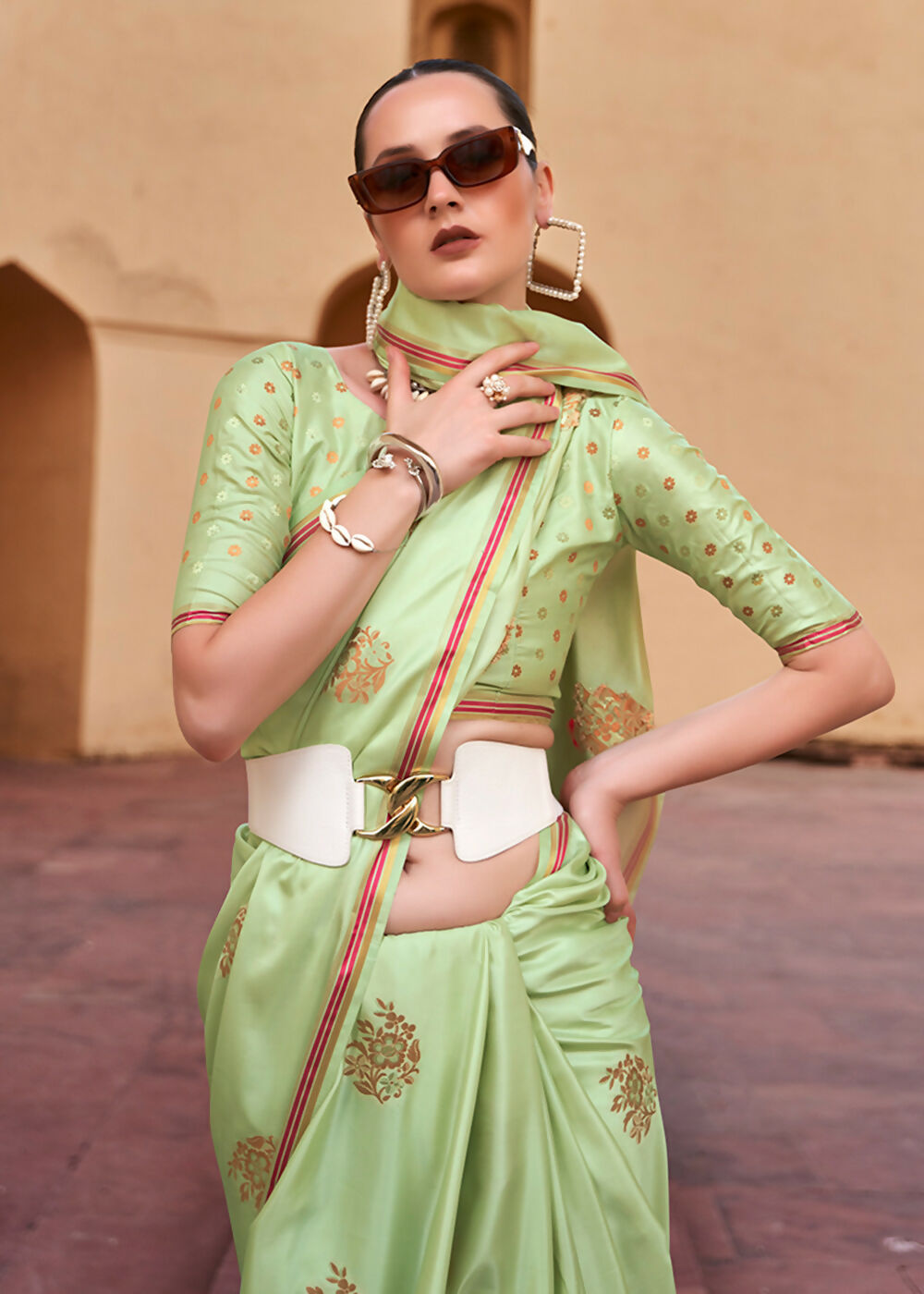 Sprout Green Pure Satin Zari Weaving Wedding Festive Saree - Emponline - Distacart