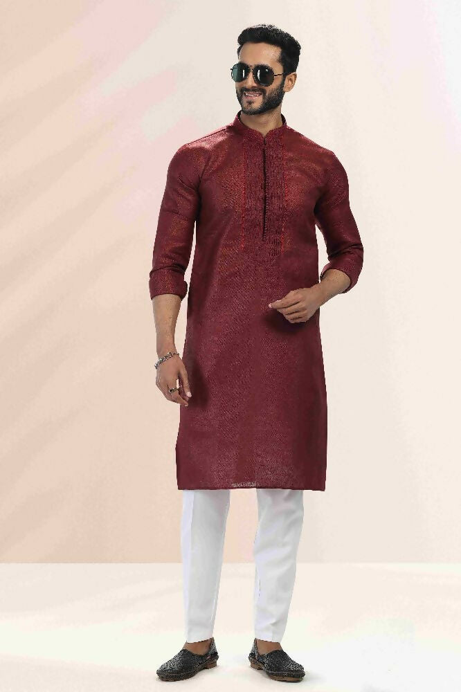 Raivat Ethnic Linen Cotton Pintux Work Kurta Pajama In Maroon Colour - Dista