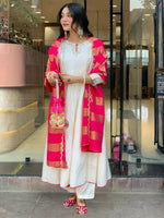 Thumbnail for The52 White Women's Gorgeous Embroidered Work Chanderi Fabric Flared Kurta Pant and Dupatta Set - Distacart