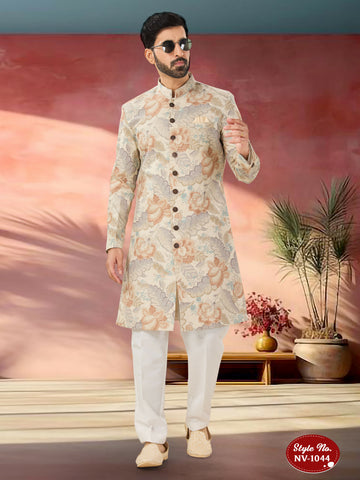 Joban Fashion Men's Beige Base Multi-Colour Straight Swed Velvet Self-Design In Fabric Indo-Western Kurta Set - Distacart