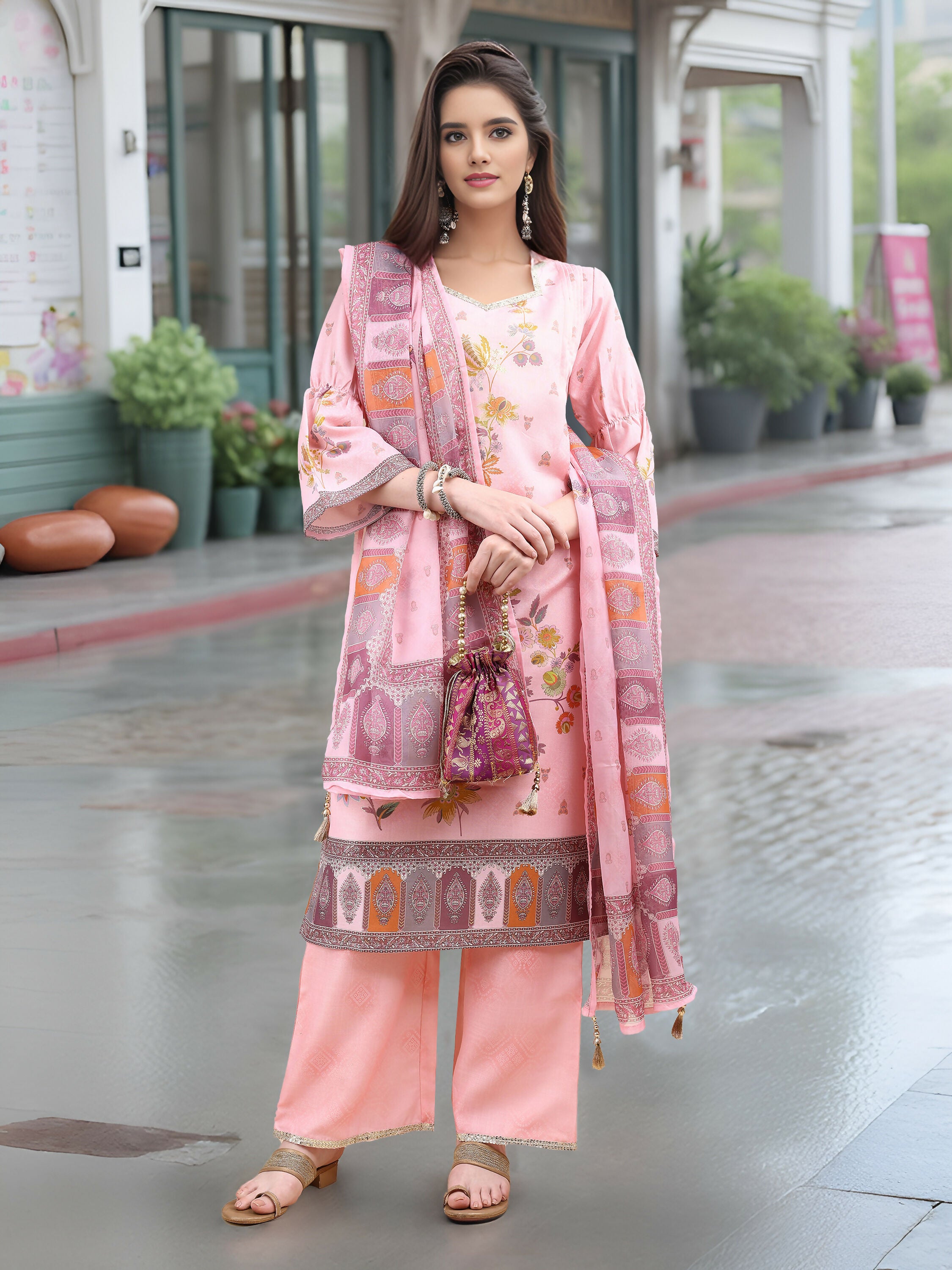 Joban Fashion Pink Position Digital Print With Position Foil Kurta Set