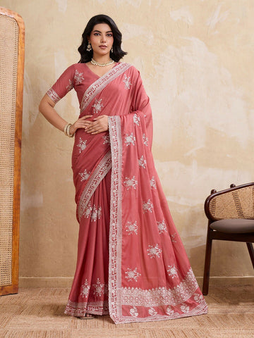 Teeya Creation Womens New Latest Party Wear Soft Georgette Saree-Peach - Dista