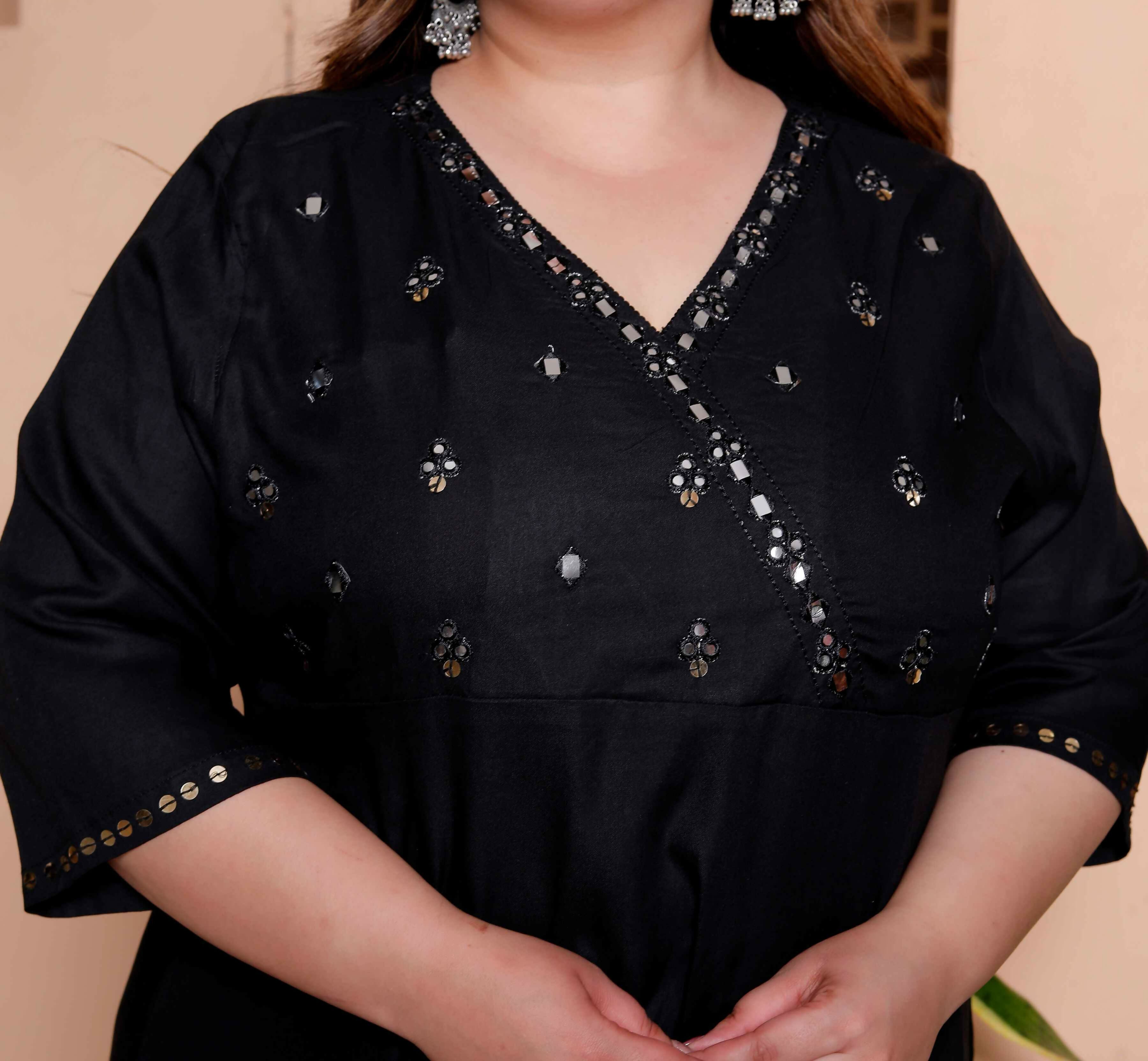 Miravan Womens Plus Size Black Mirror work Angrakha Kurta and Palazzo Set - Distacart