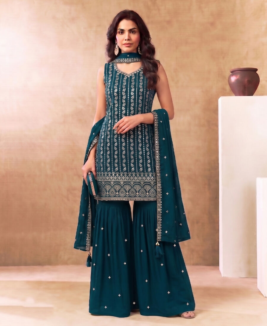 KC Latest Cocktail Wear Aqua Blue Chinon Sharara Suit For Women - Dista