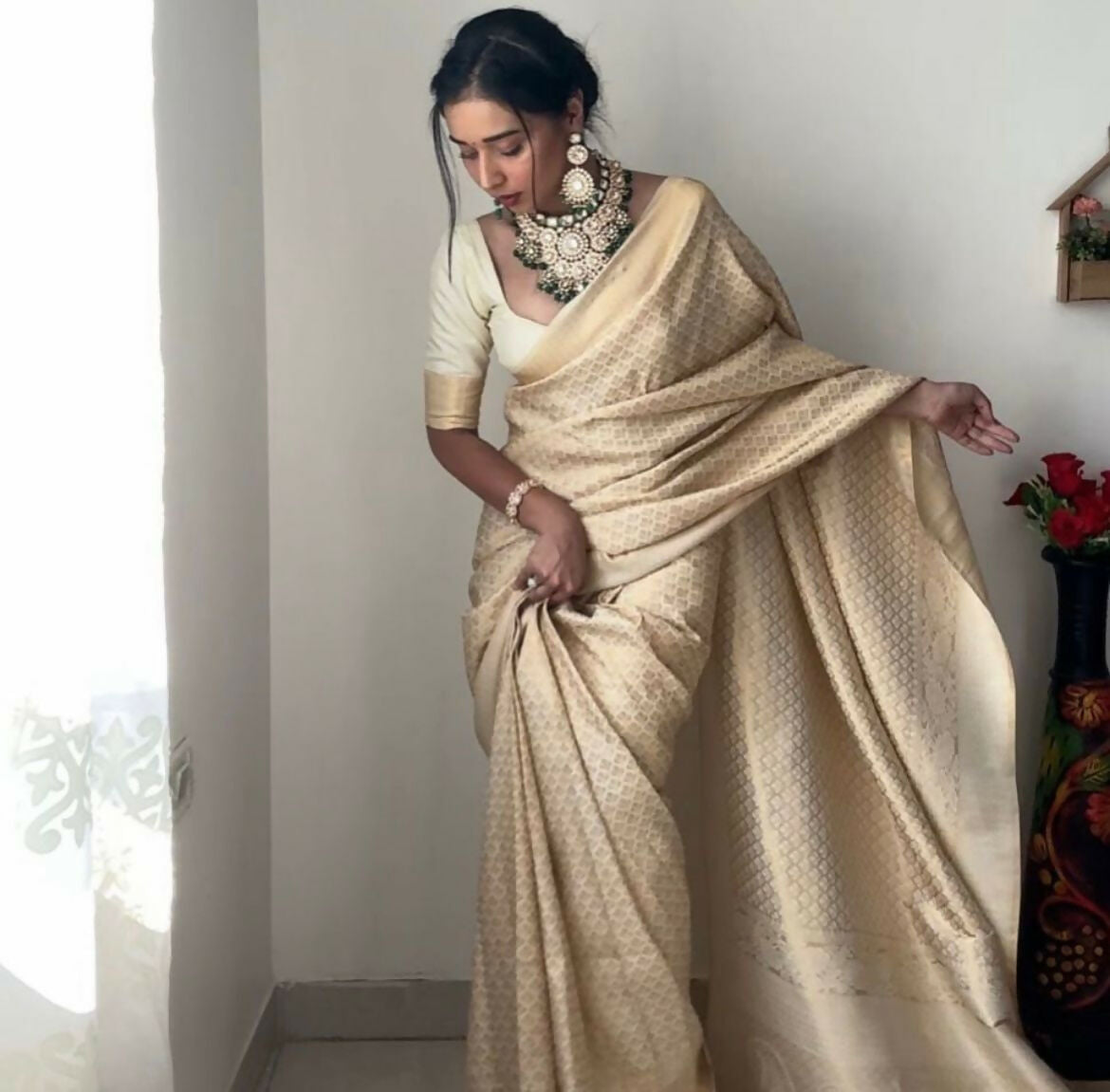 Malishka litchi Silk Jacquard Ready To Wear Saree With Blouse Piece - Beige Gold - Distacart