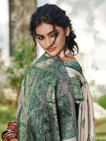 Thumbnail for Shree Shyam Fashion Cream With Dark Green Silk Blend Saree - Distacart