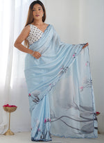 Thumbnail for Vegaa Fashion Sky Blue Chinon Silk Print Work With Mirror Work Border Designer Saree - Distacart
