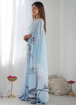 Thumbnail for Vegaa Fashion Sky Blue Chinon Silk Print Work With Mirror Work Border Designer Saree - Distacart