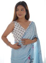 Thumbnail for Vegaa Fashion Sky Blue Chinon Silk Print Work With Mirror Work Border Designer Saree - Distacart