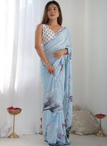 Thumbnail for Vegaa Fashion Sky Blue Chinon Silk Print Work With Mirror Work Border Designer Saree - Distacart