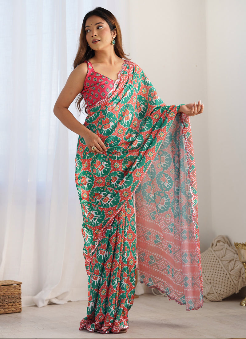 Vegaa Fashion Multi Color Chinon Silk Print Work With Mirror Work Border Designer Saree - Distacart