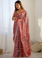Thumbnail for Vegaa Fashion Red Chinon Silk Print Work With Mirror Work Border Designer Saree - Distacart