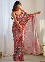 Thumbnail for Vegaa Fashion Red Chinon Silk Print Work With Mirror Work Border Designer Saree - Distacart