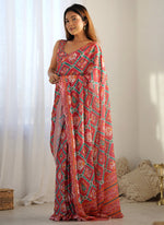 Thumbnail for Vegaa Fashion Red Chinon Silk Print Work With Mirror Work Border Designer Saree - Distacart