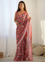 Thumbnail for Vegaa Fashion Red Chinon Silk Print Work With Mirror Work Border Designer Saree - Distacart