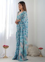Thumbnail for Vegaa Fashion Sky Blue Chinon Silk Print Work With Mirror Work Border Designer Saree - Distacart