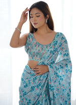 Thumbnail for Vegaa Fashion Sky Blue Chinon Silk Print Work With Mirror Work Border Designer Saree - Distacart