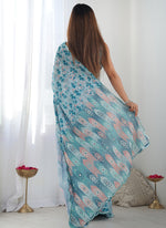 Thumbnail for Vegaa Fashion Sky Blue Chinon Silk Print Work With Mirror Work Border Designer Saree - Distacart