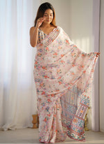 Thumbnail for Vegaa Fashion Off White Chinon Silk Print Work With Mirror Work Border Designer Saree - Distacart