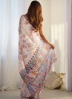 Thumbnail for Vegaa Fashion Off White Chinon Silk Print Work With Mirror Work Border Designer Saree - Distacart