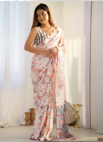 Thumbnail for Vegaa Fashion Off White Chinon Silk Print Work With Mirror Work Border Designer Saree - Distacart