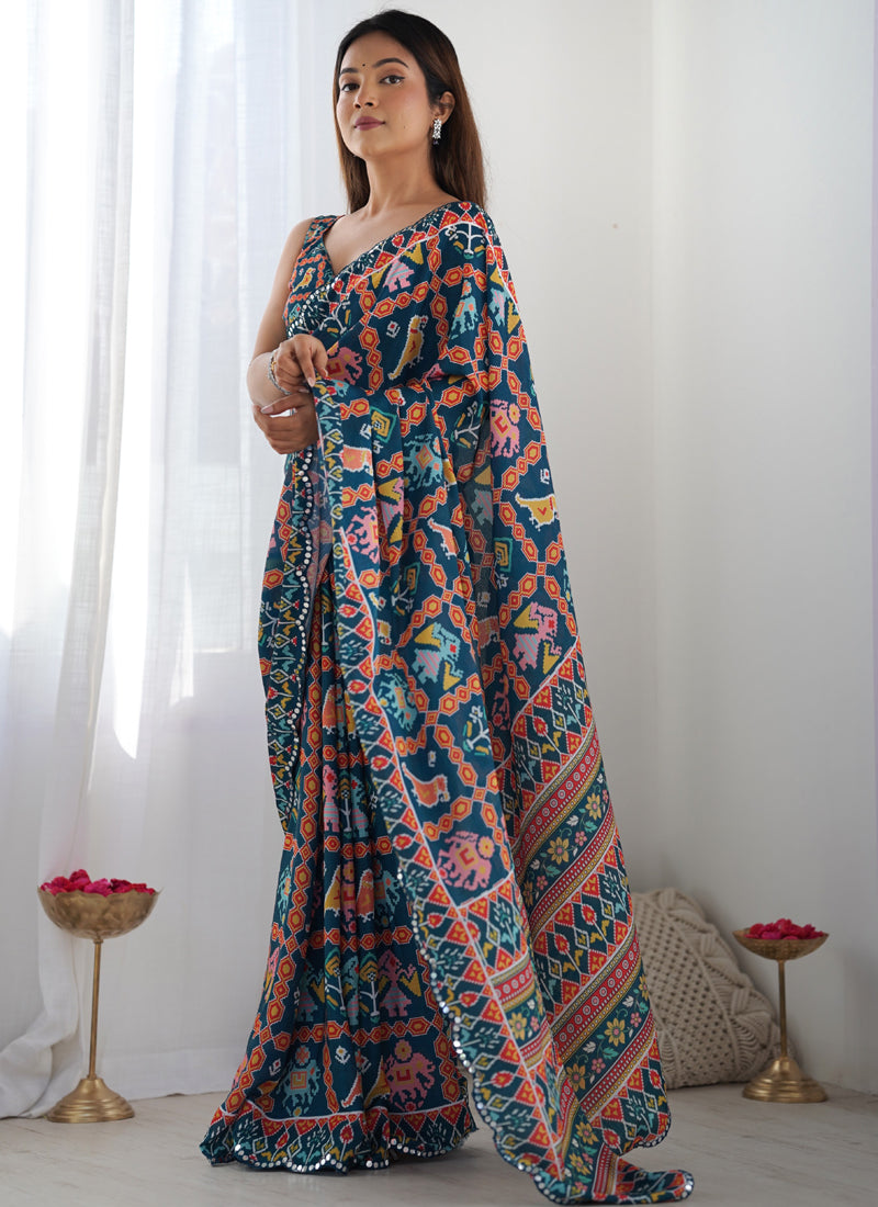 Vegaa Fashion Blue Chinon Silk Print Work With Mirror Work Border Designer Saree - Distacart