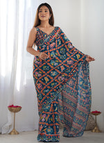 Thumbnail for Vegaa Fashion Blue Chinon Silk Print Work With Mirror Work Border Designer Saree - Distacart