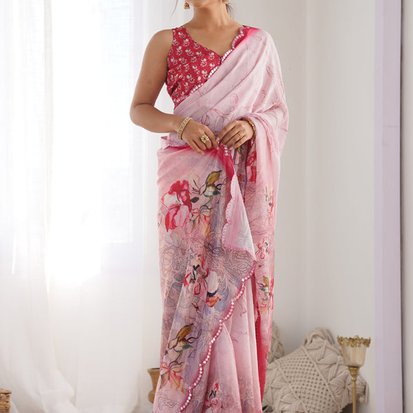 Vegaa Fashion Baby Pink Chinon Silk Print Work With Mirror Work Border Designer Saree - Distacart