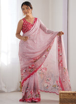 Thumbnail for Vegaa Fashion Baby Pink Chinon Silk Print Work With Mirror Work Border Designer Saree - Distacart