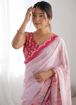 Thumbnail for Vegaa Fashion Baby Pink Chinon Silk Print Work With Mirror Work Border Designer Saree - Distacart