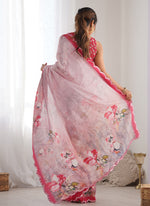 Thumbnail for Vegaa Fashion Baby Pink Chinon Silk Print Work With Mirror Work Border Designer Saree - Distacart
