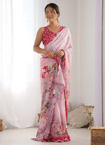 Thumbnail for Vegaa Fashion Baby Pink Chinon Silk Print Work With Mirror Work Border Designer Saree - Distacart