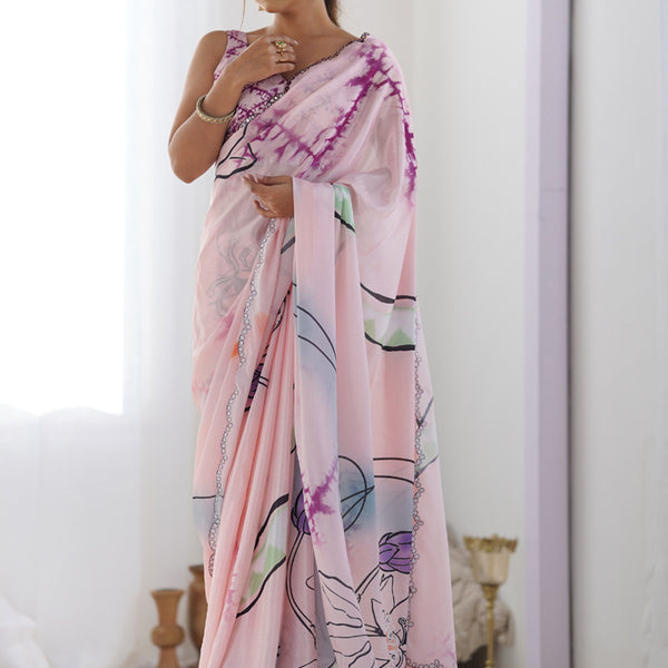 Vegaa Fashion Baby Pink Chinon Silk Print Work With Mirror Work Border Designer Saree - Distacart