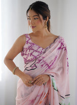 Thumbnail for Vegaa Fashion Baby Pink Chinon Silk Print Work With Mirror Work Border Designer Saree - Distacart