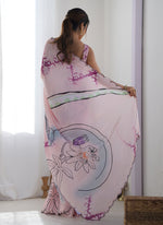 Thumbnail for Vegaa Fashion Baby Pink Chinon Silk Print Work With Mirror Work Border Designer Saree - Distacart