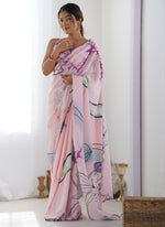 Thumbnail for Vegaa Fashion Baby Pink Chinon Silk Print Work With Mirror Work Border Designer Saree - Distacart
