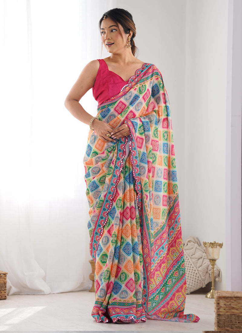 Vegaa Fashion Multi Color Chinon Silk Print Work With Mirror Work Border Designer Saree