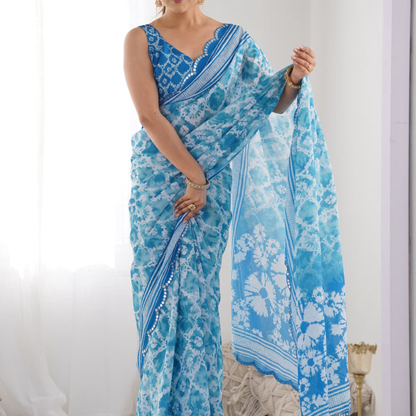 Vegaa Fashion Sky Blue Chinon Silk Print Work With Mirror Work Border Designer Saree - Distacart