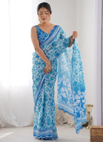 Thumbnail for Vegaa Fashion Sky Blue Chinon Silk Print Work With Mirror Work Border Designer Saree - Distacart