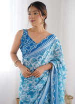 Thumbnail for Vegaa Fashion Sky Blue Chinon Silk Print Work With Mirror Work Border Designer Saree - Distacart