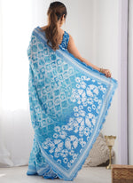 Thumbnail for Vegaa Fashion Sky Blue Chinon Silk Print Work With Mirror Work Border Designer Saree - Distacart