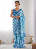 Thumbnail for Vegaa Fashion Sky Blue Chinon Silk Print Work With Mirror Work Border Designer Saree - Distacart