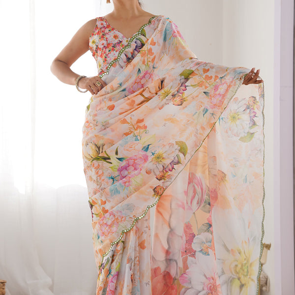 Vegaa Fashion Off White Chinon Silk Print Work With Mirror Work Border Designer Saree - Distacart