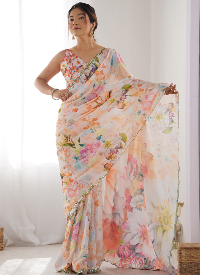 Vegaa Fashion Off White Chinon Silk Print Work With Mirror Work Border Designer Saree