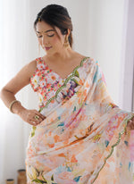 Thumbnail for Vegaa Fashion Off White Chinon Silk Print Work With Mirror Work Border Designer Saree - Distacart