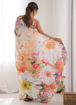 Thumbnail for Vegaa Fashion Off White Chinon Silk Print Work With Mirror Work Border Designer Saree - Distacart